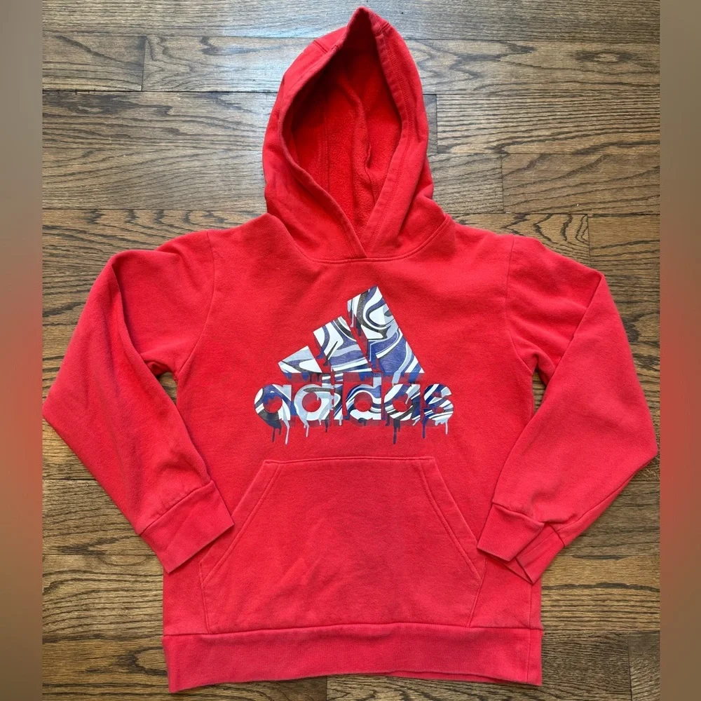 Adidas Kids Red Pullover Hoodie with Graphic Logo, Size M (10/12)